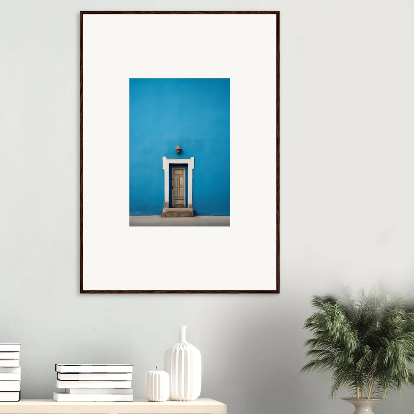 Wooden door with white frame on bright blue wall in Eternal Cerulean Cloister special edition art™