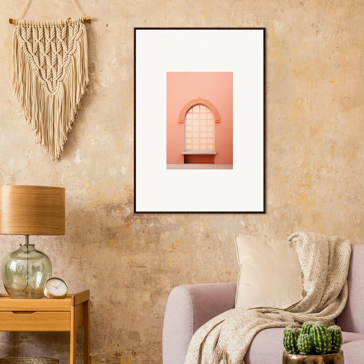 Framed wall art of a pink archway with window from Windows Morning Whisper collection