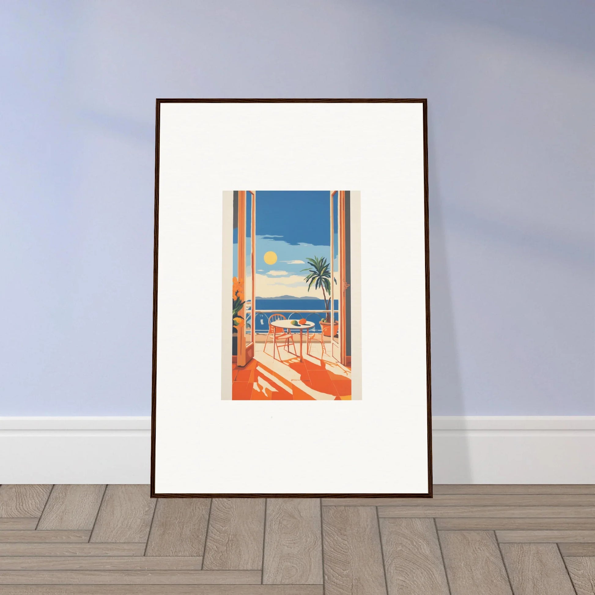 Framed poster of a Mediterranean view creating a Tranquil Mirage Brunch vibe