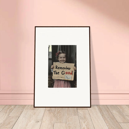 Framed black-and-white photo of a person with a Remember The Good sign for Smiles Forlornly Singing