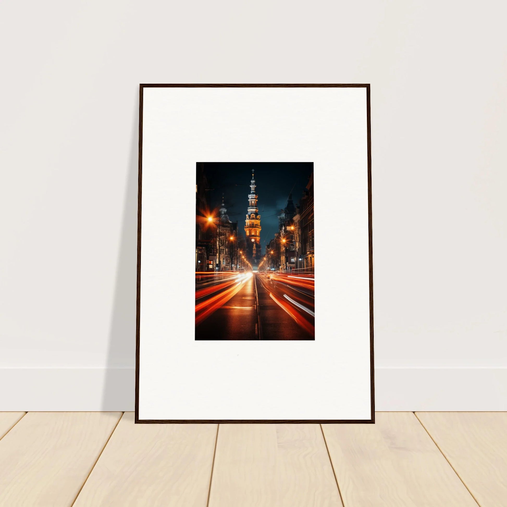 Framed Umbra Urban Nocturne photo of a vibrant city street at night with light trails