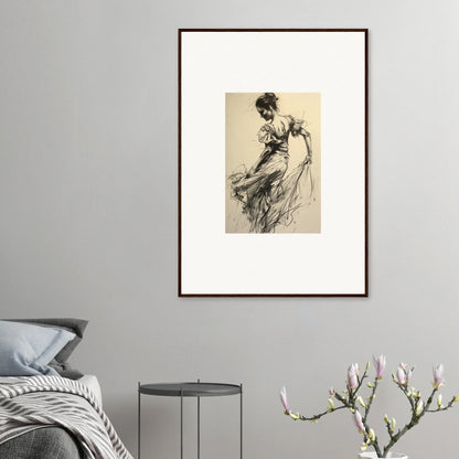 Framed vintage sketch of a woman in flowing dress for Gyroscopic Baudelo Bacon art