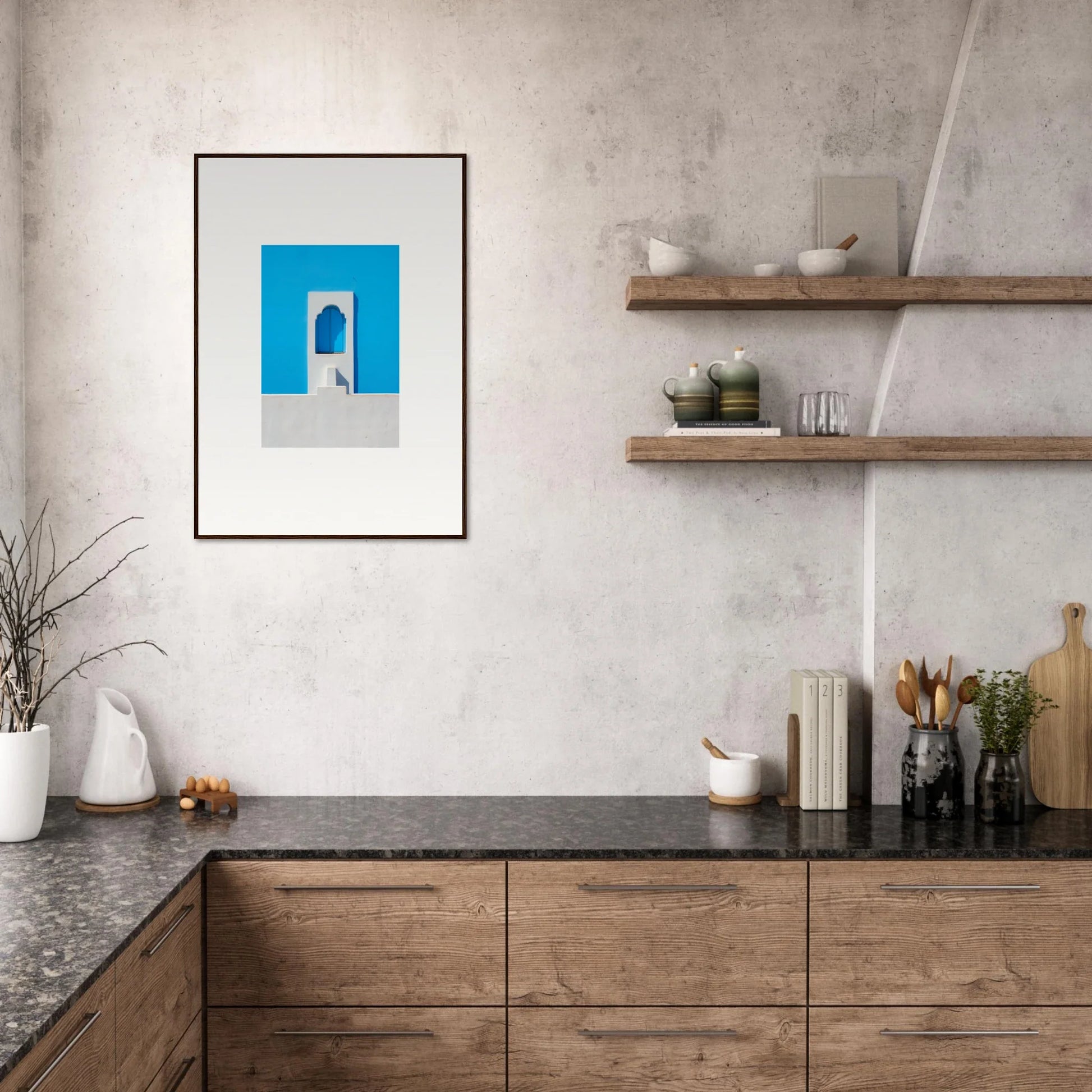 Framed minimalist artwork showcasing Oikos Cerulean Aperturearches design