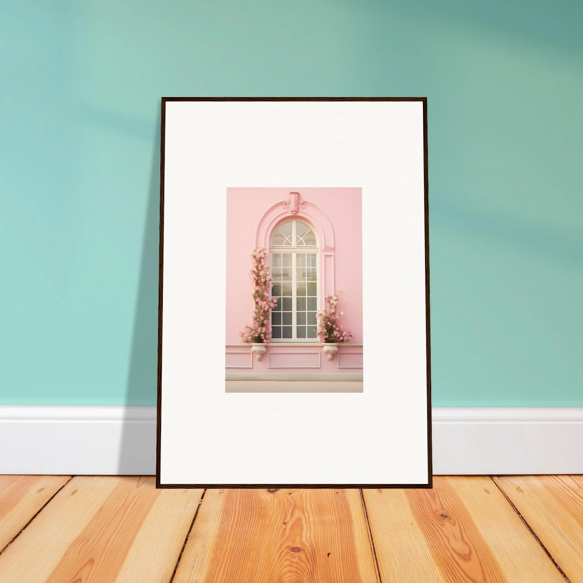 Framed art print of vitalose rose sonnet with pink arched window and climbing vines