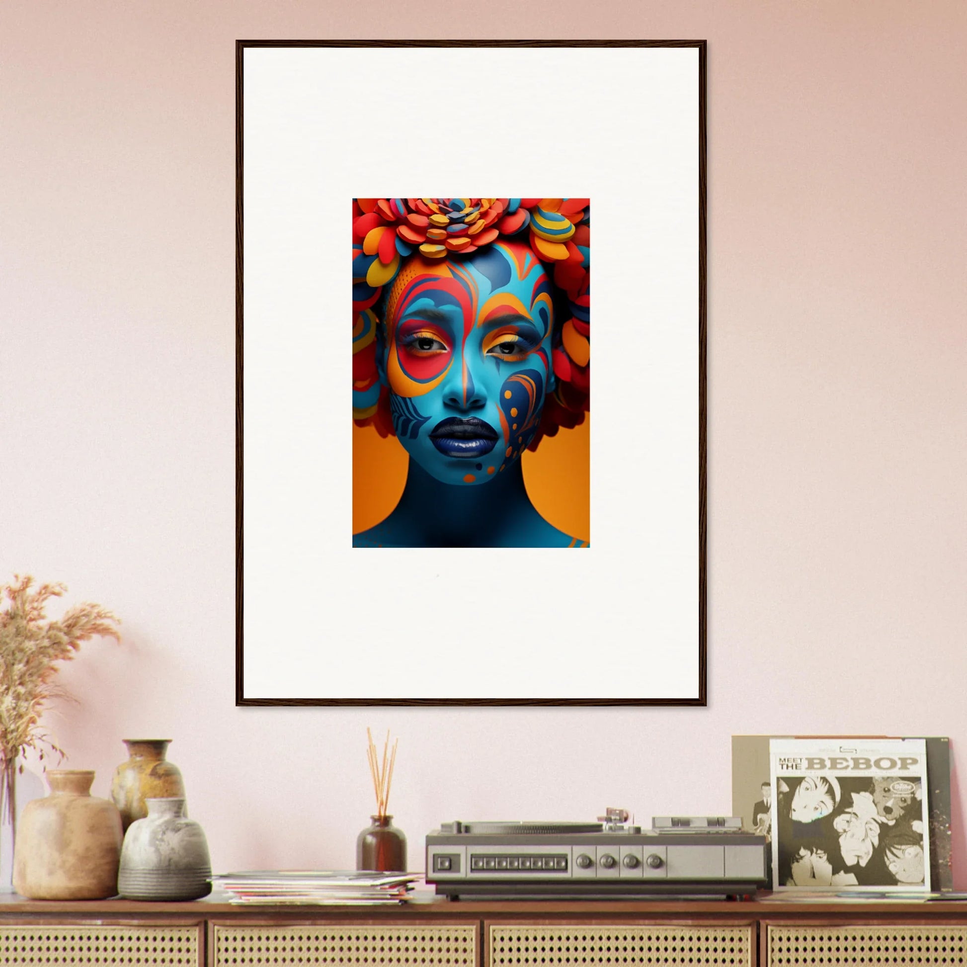 Colorful canvas print of a vibrant face with makeup for funky room decoration