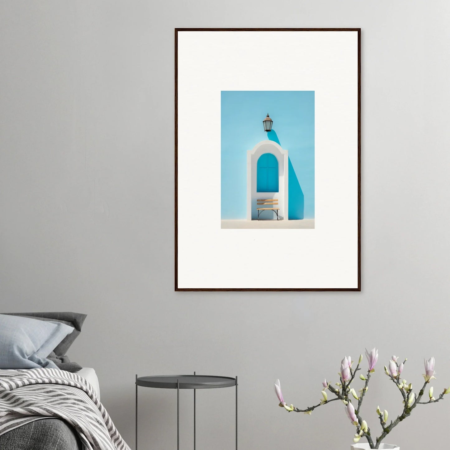 Framed wall art of a white Mediterranean bell tower in the Ethereal Mediterranean Pause design