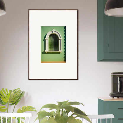 Framed photo of an arched window with decorative grating in a Visible Equilibrium Window