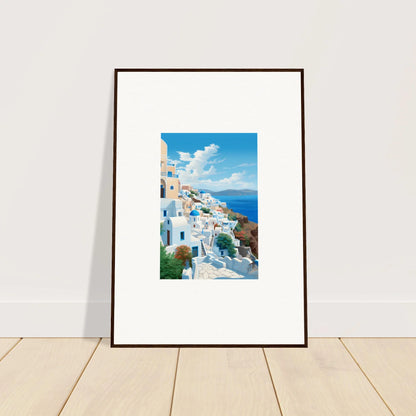 Framed Santorini photo featuring white buildings and blue domes in Sunday Stahl Messiração