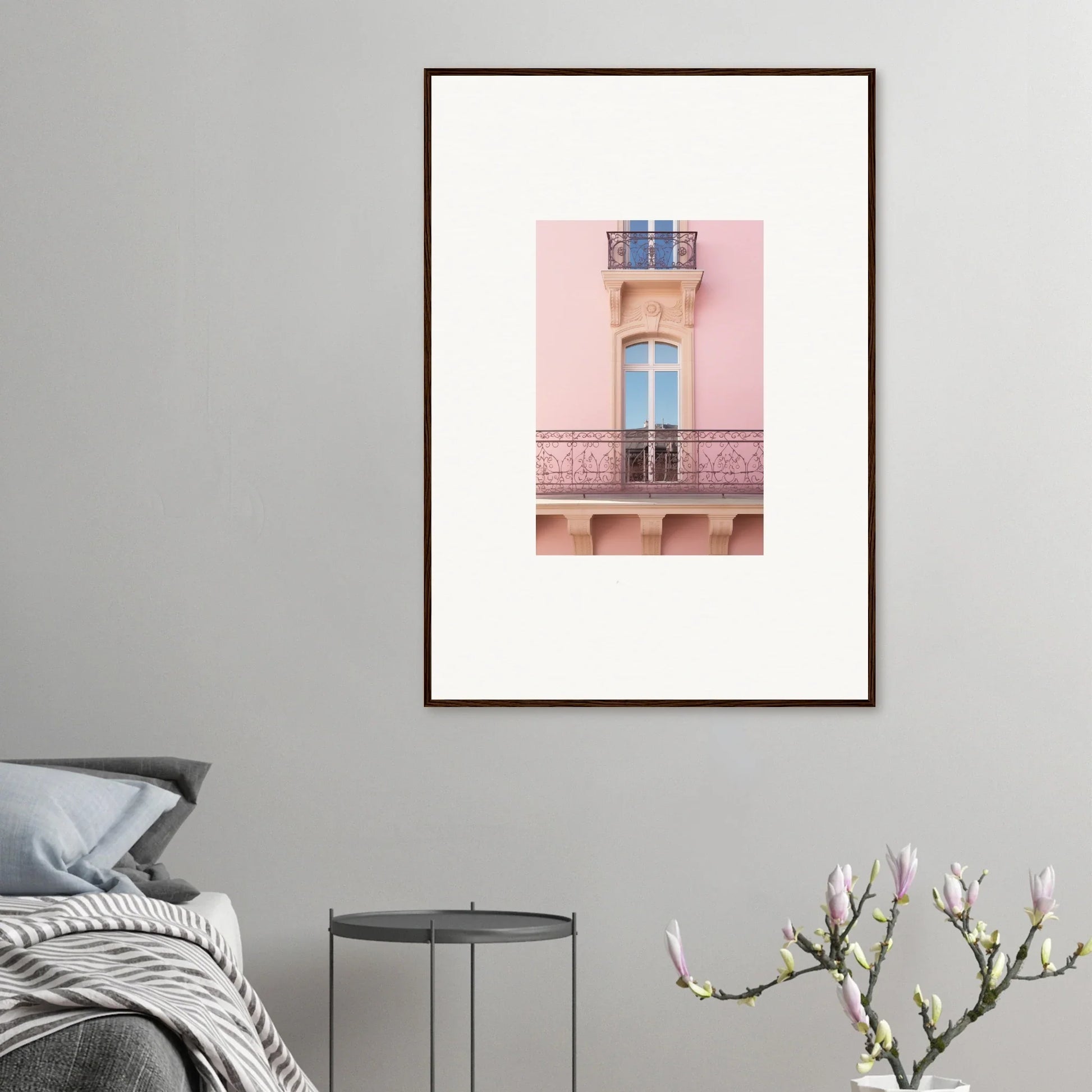 Framed wall art of Dusky Dream Balustrade with a pink building’s window and balcony