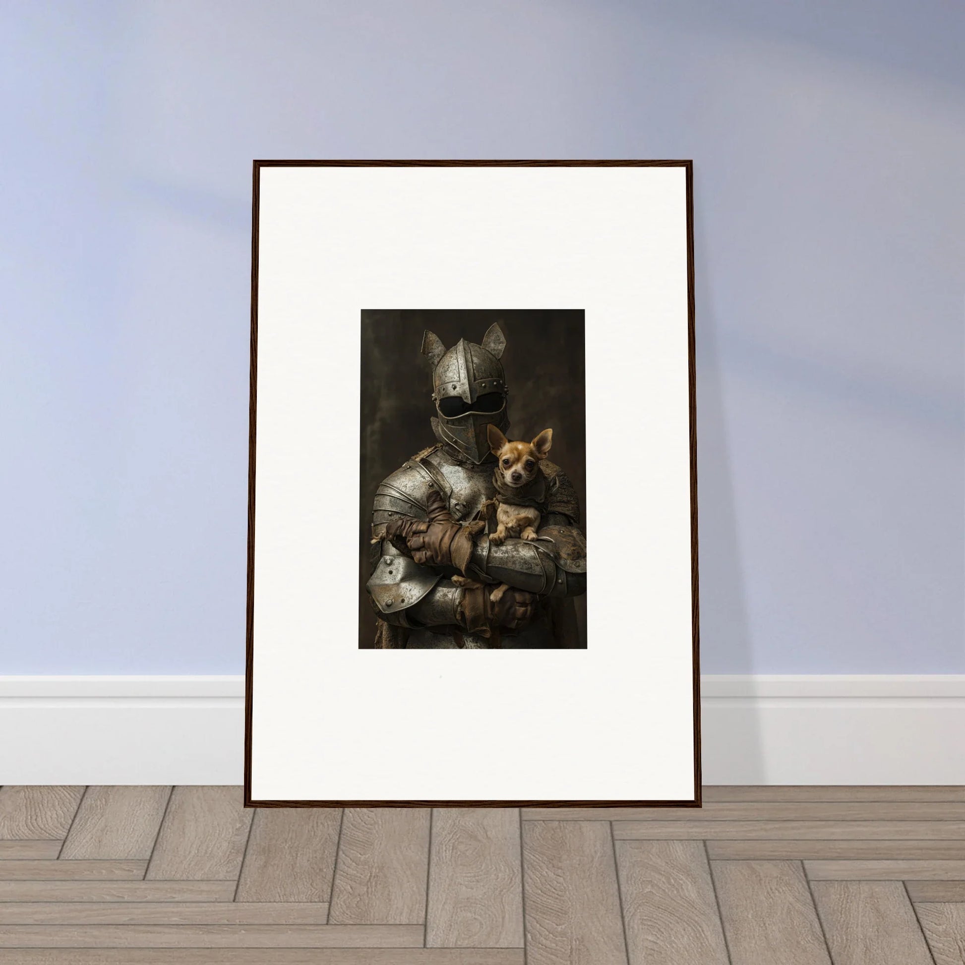 Framed wall art of a knight and corgi, perfect for your Serene Steel Whispers collection