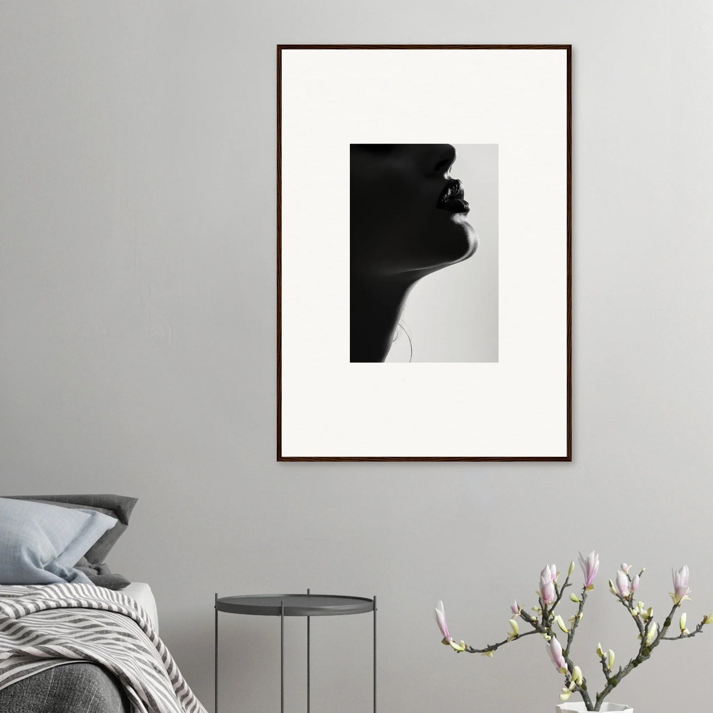 Black and white profile silhouette in brown border, part of Shadowed Whisper Immanence framed wall art