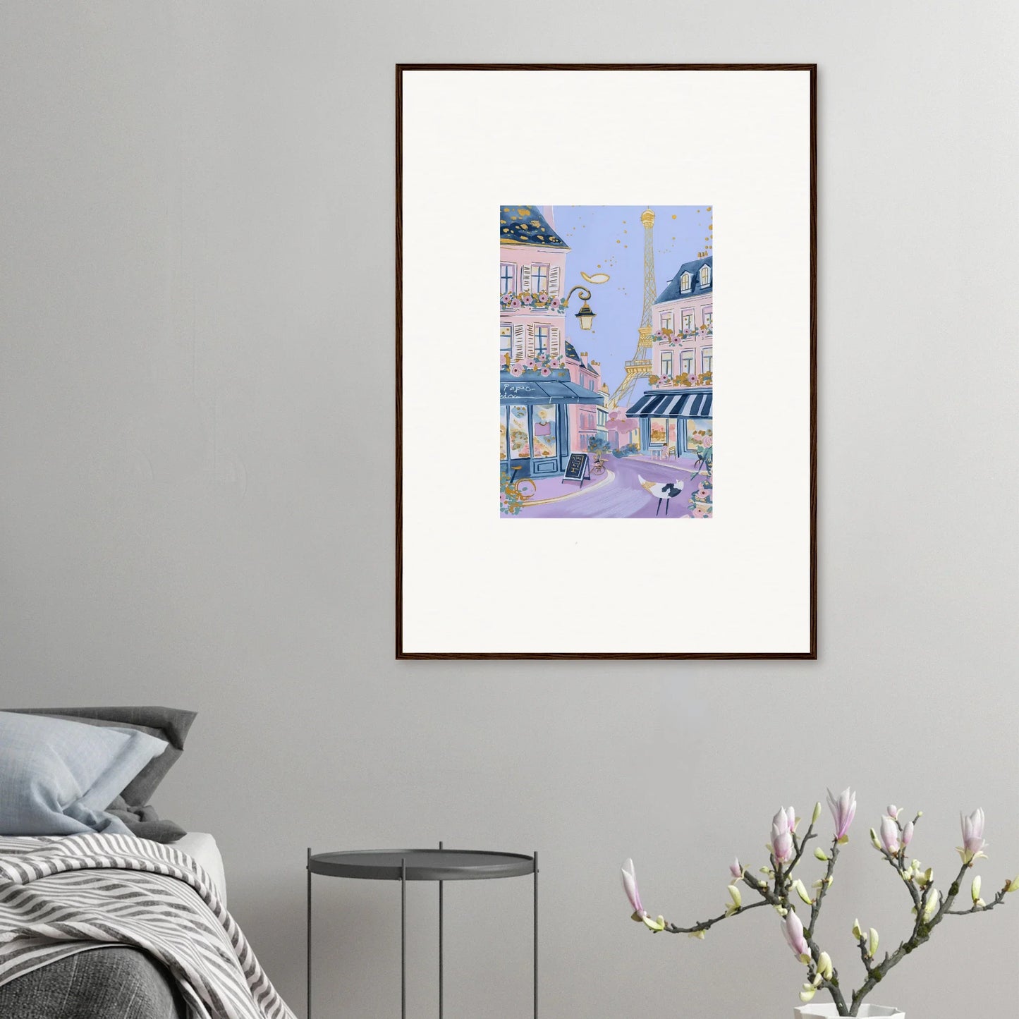 Framed watercolor art of a Parisian street scene for Hat Lemons Paris collection