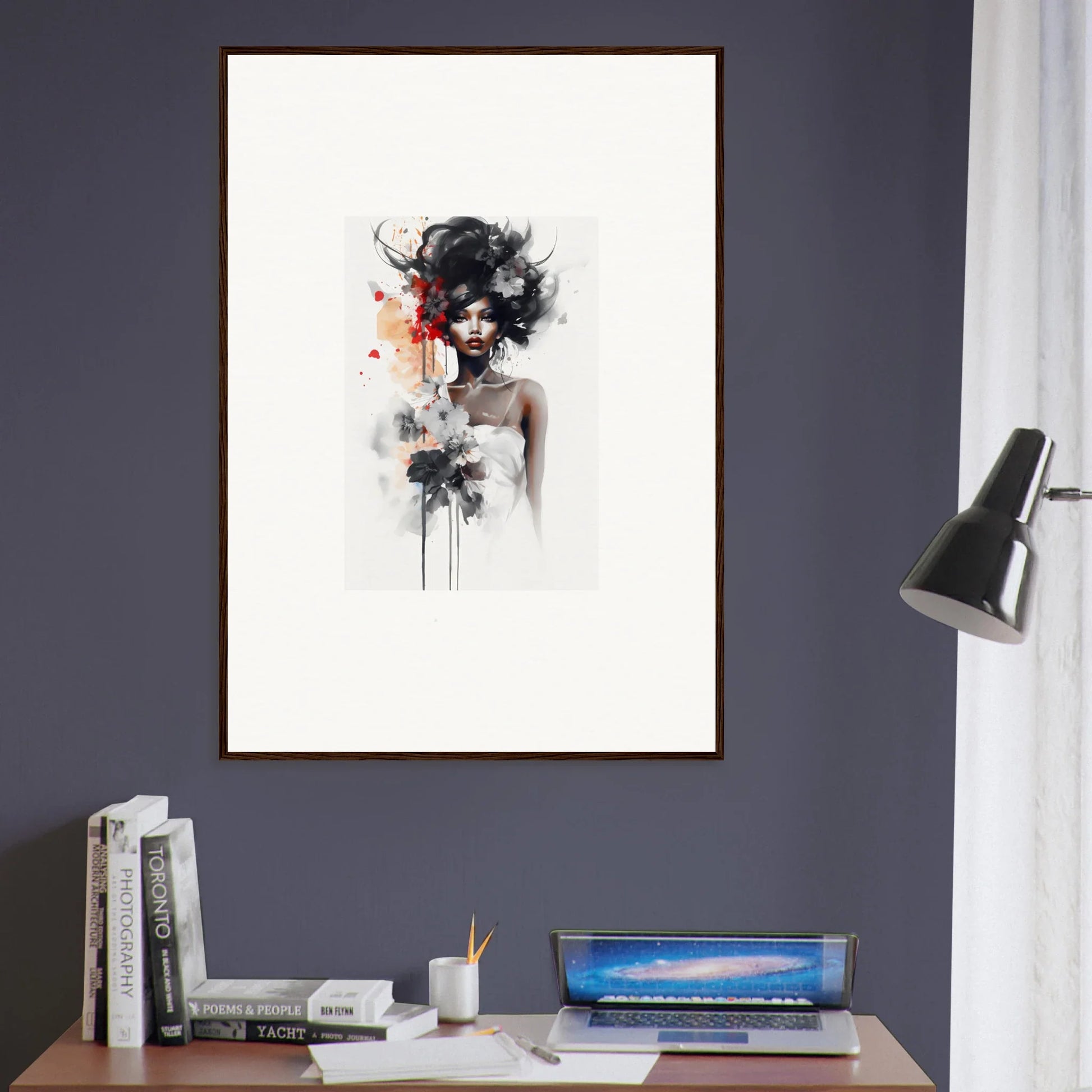 Artistic watercolor portrait with ethereal black brushstrokes from Plume Sultry Reverie