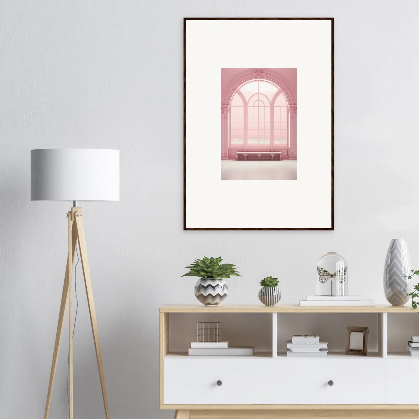 Framed wall art of Solitude’s Rosy Asana with arched window and bench design