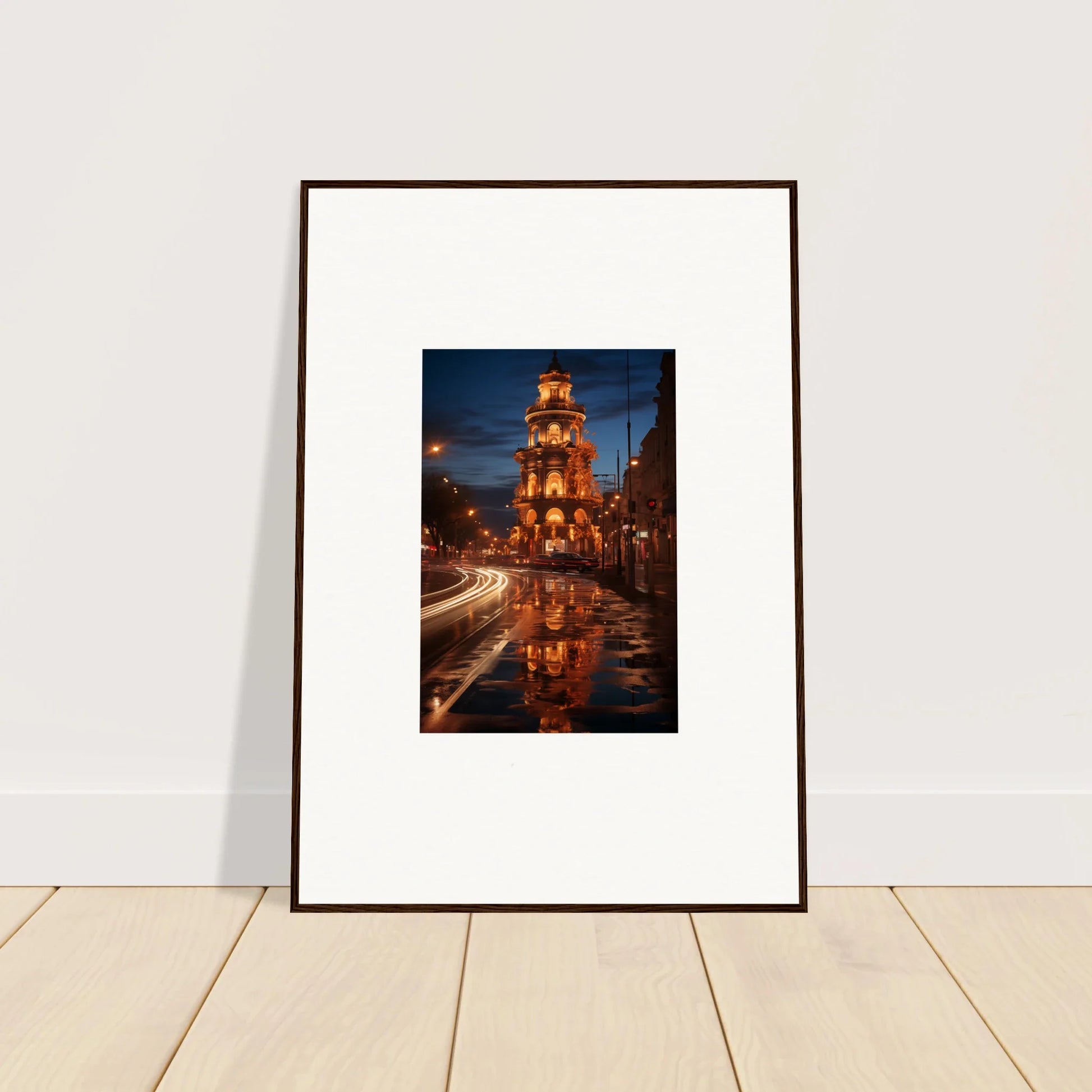 Framed wall art of a luminous Neo’ici Dops church tower reflection at night