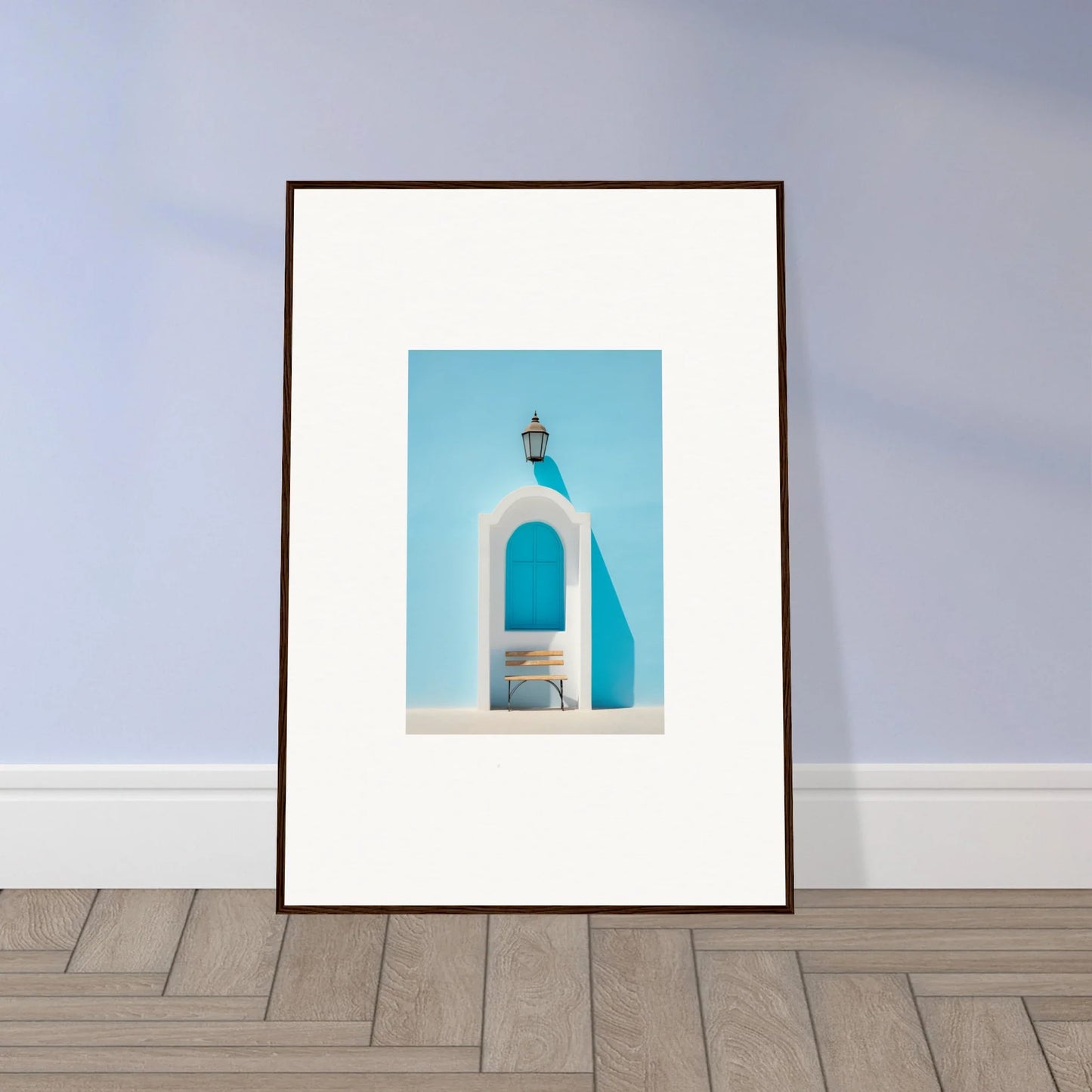 Framed wall art of a white Mediterranean bell tower in Ethereal Mediterranean Pause style