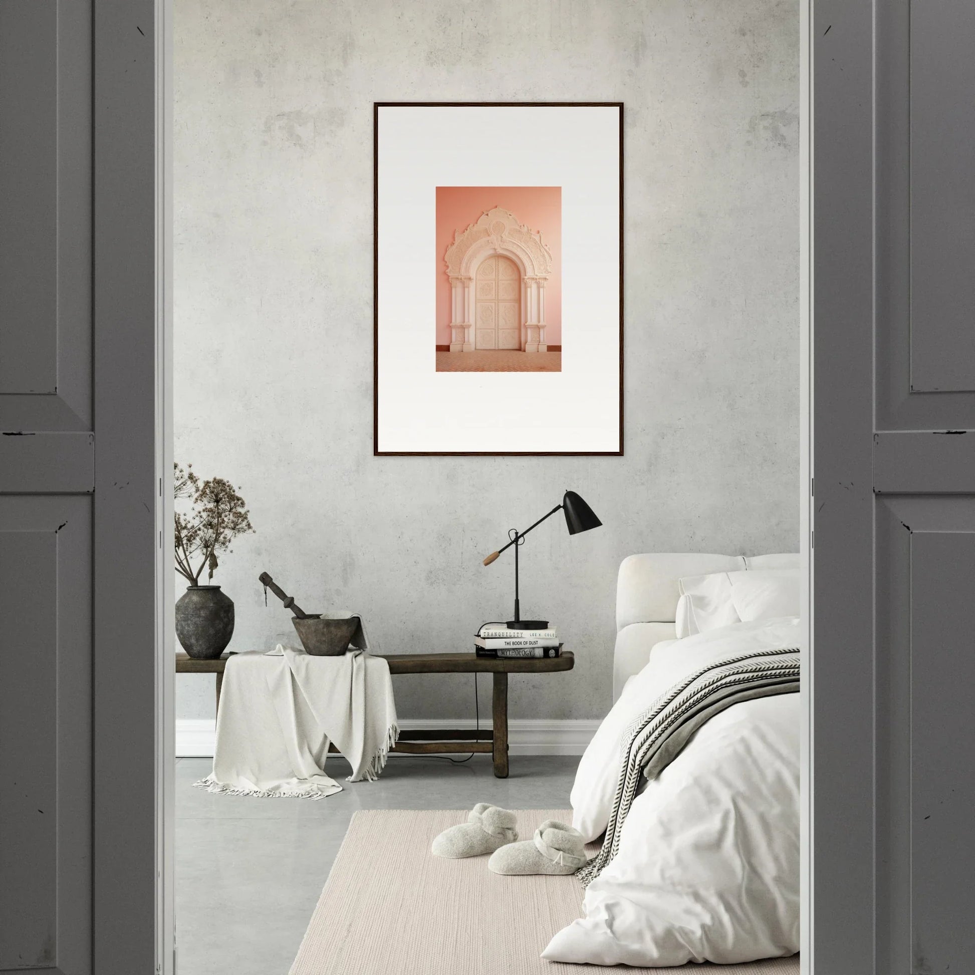 Framed pink-toned artwork of an arched doorway, perfect for Patio Reverie Sleutelenv