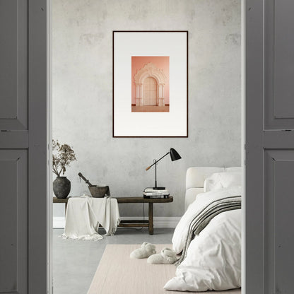 Framed pink-toned artwork of an arched doorway, perfect for Patio Reverie Sleutelenv