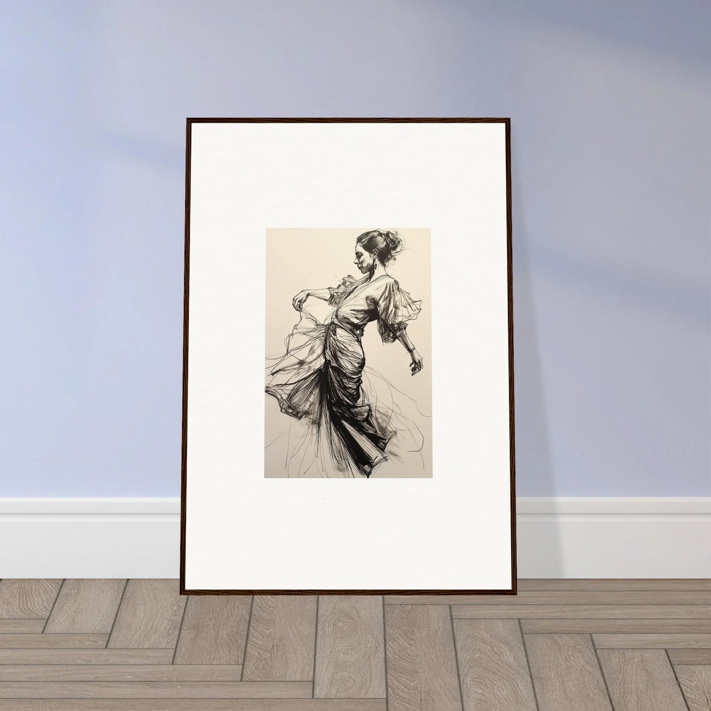 Framed black and white sketch of a woman dancing, perfect for Midnight Dance Whispers