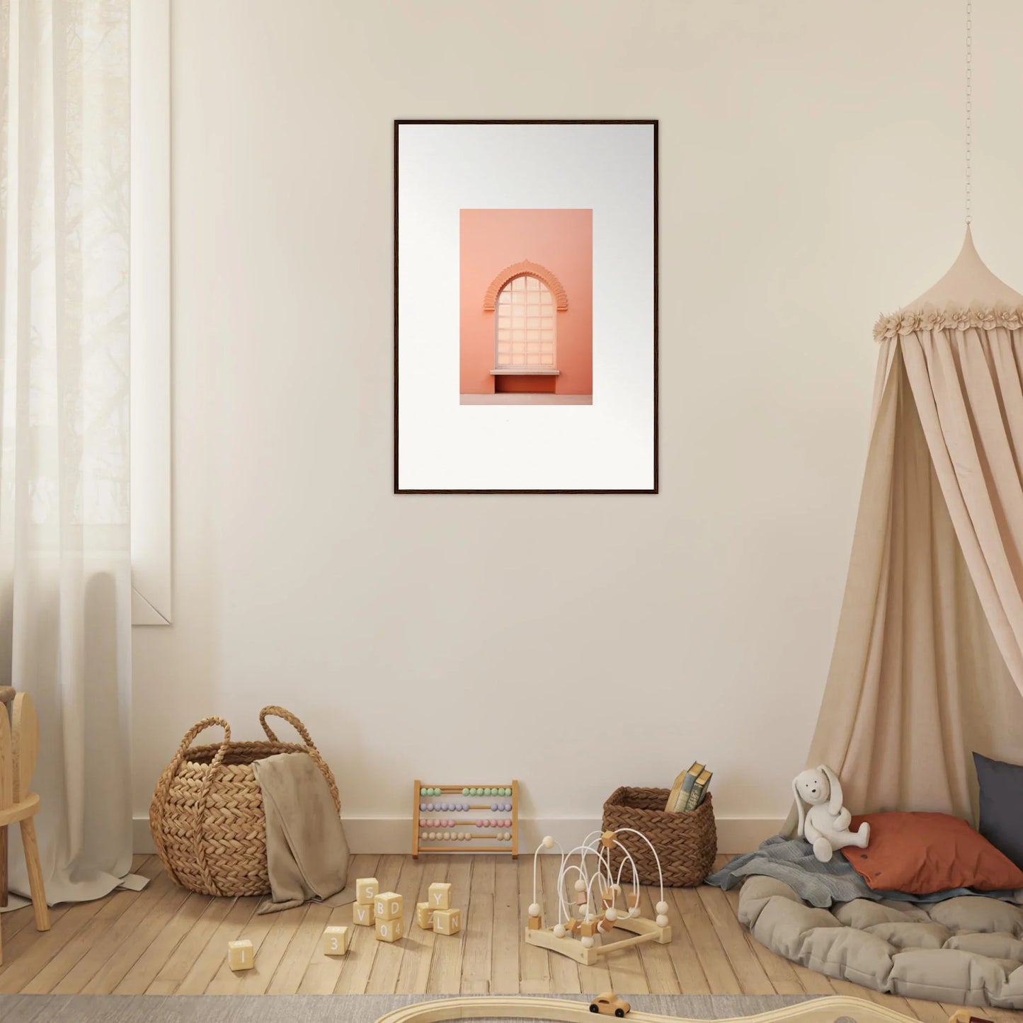 Framed wall art of a pink archway on coral background, part of Windows Morning Whisper