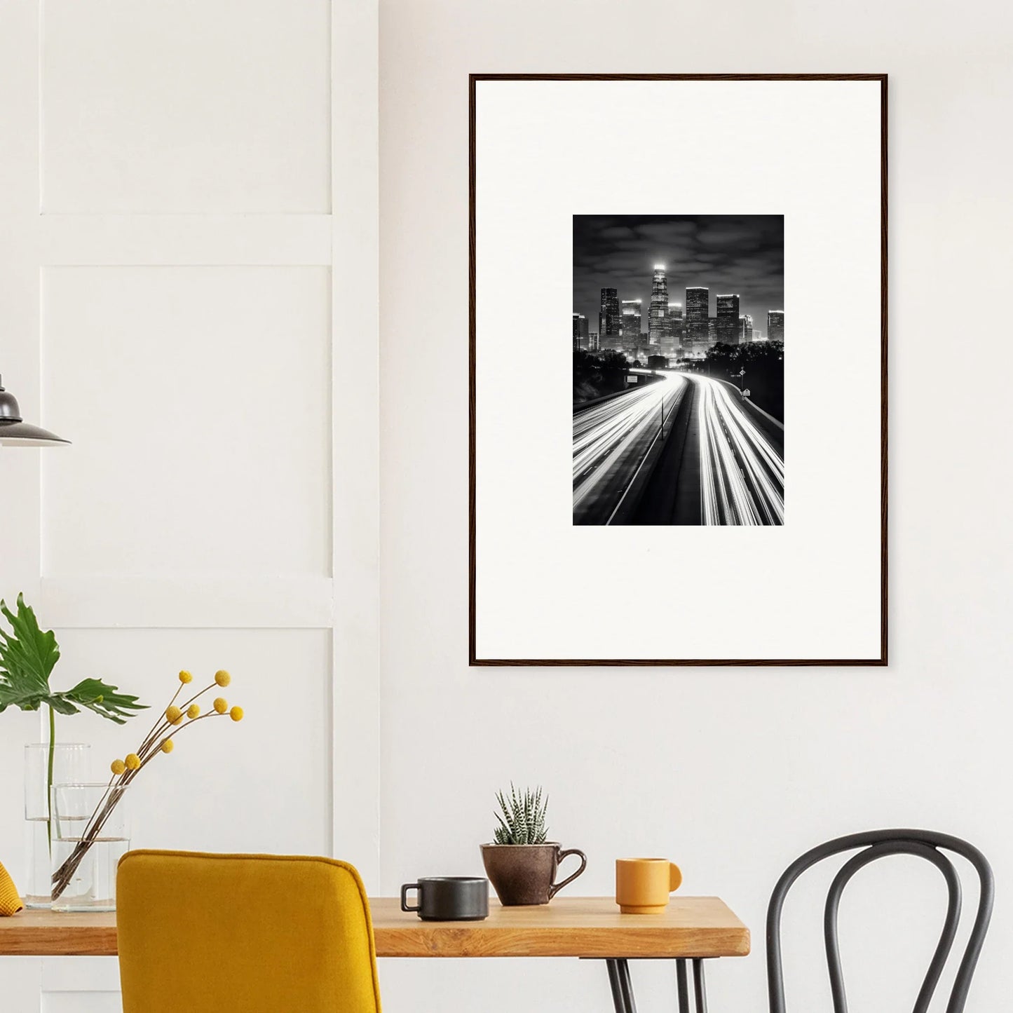 Framed wall art of city lights and highway trails at night in steel framed wall design