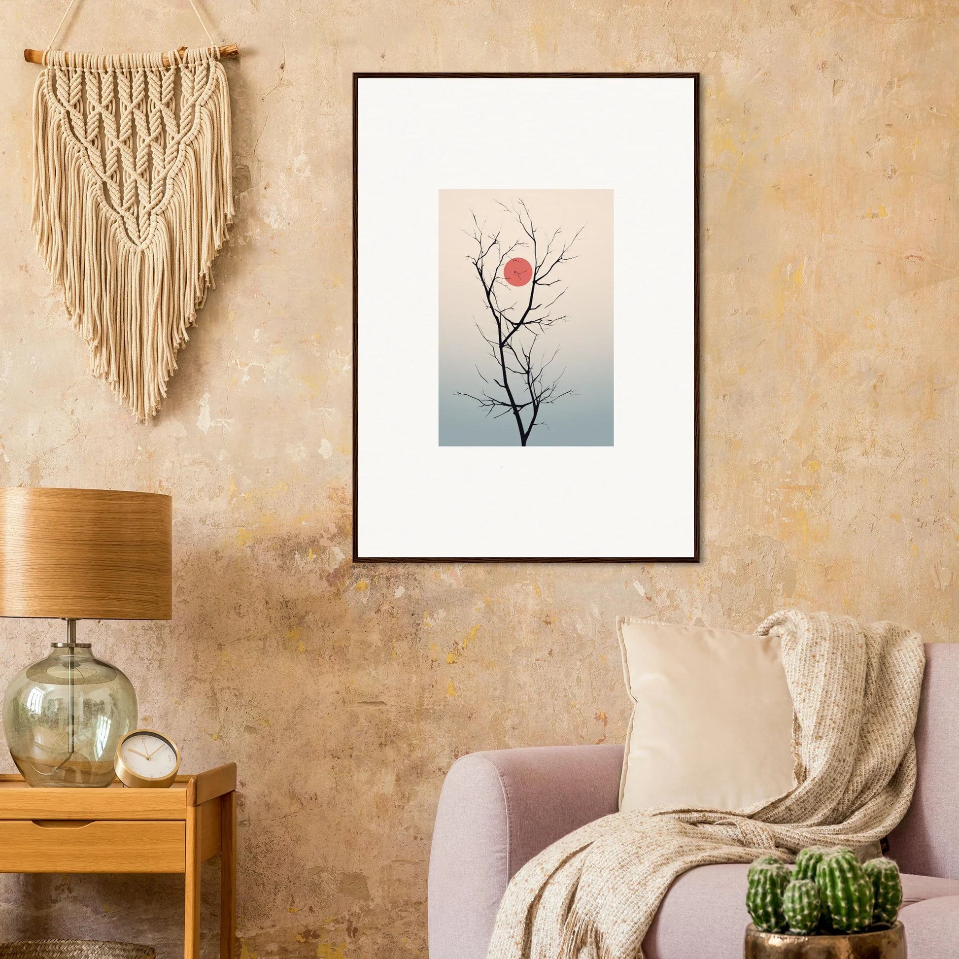 Framed minimalist artwork of a bare tree branch with a red sun for serene eclipse wall art