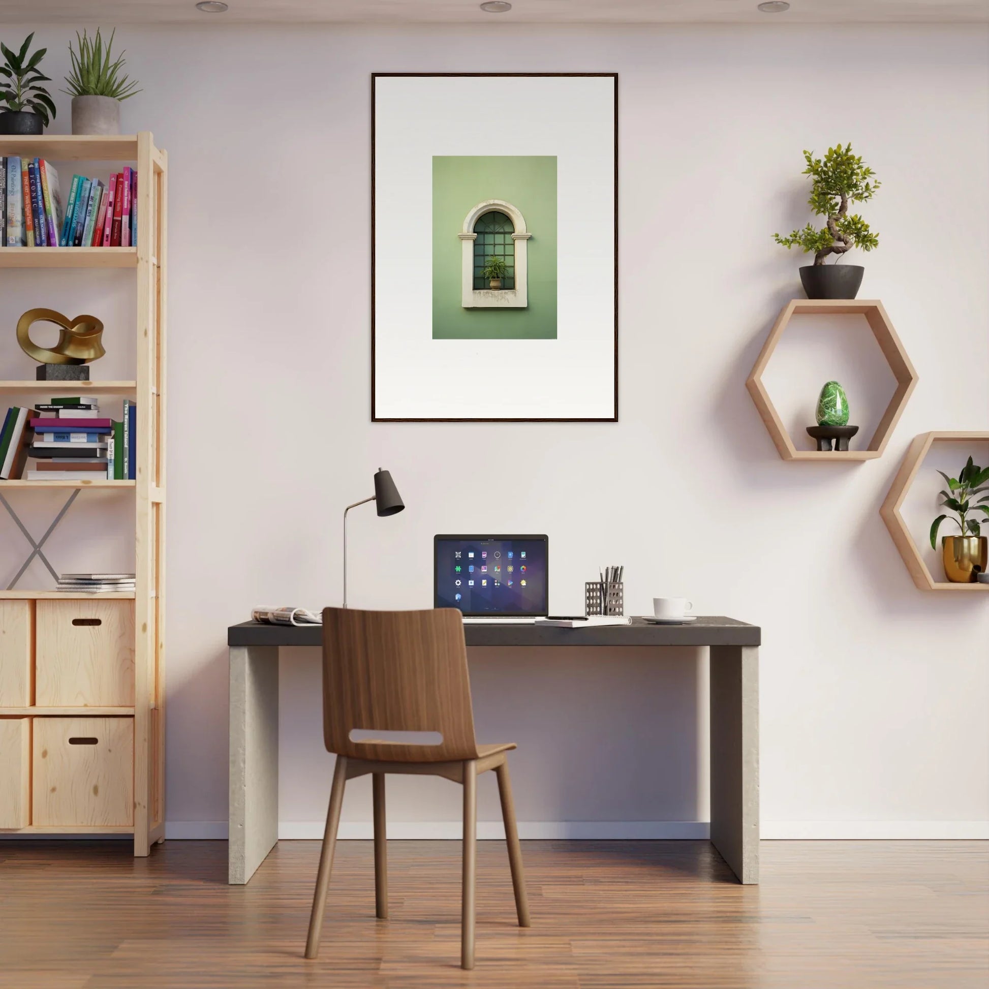 Modern home office with dark desk and wooden chair featuring Eggshell PandæmonIA Bliss art