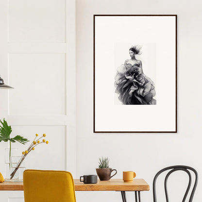 Black and white framed wall art of a figure in fabric from Ephemeral Orchard Whispers