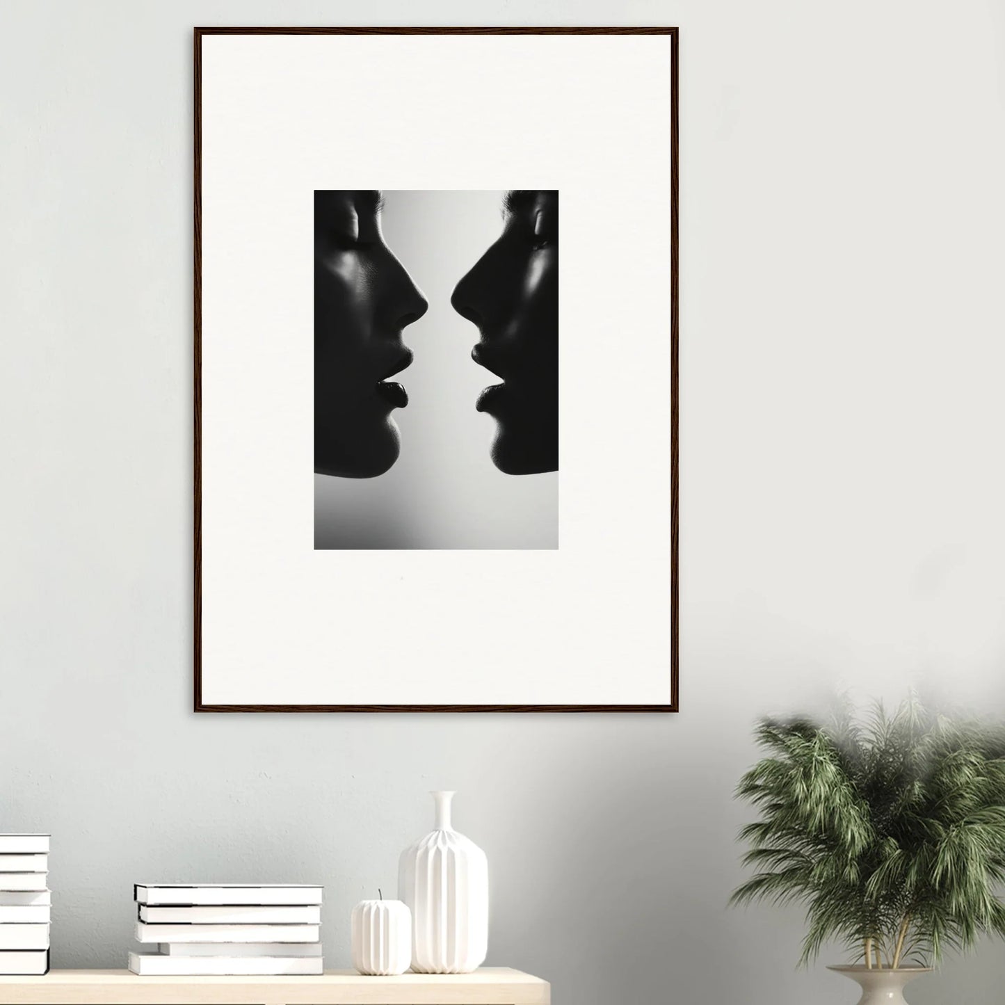 Black and white silhouette profiles in Symbiotic Echoes Flutter premium framed wall art