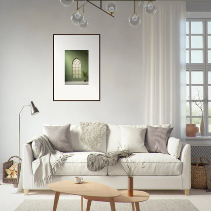 White upholstered sofa with gray and cream pillows from Green Crescent special edition art™