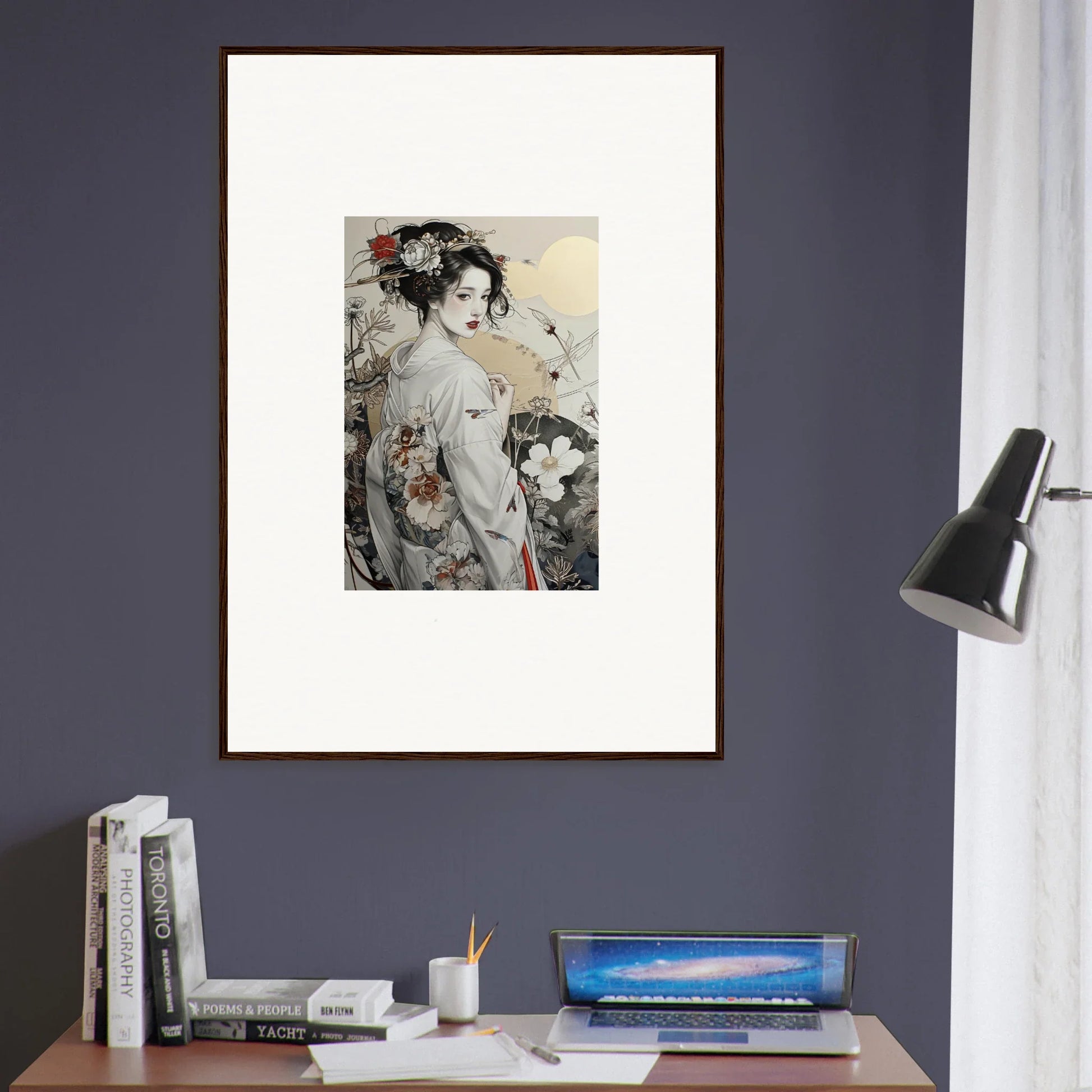 Framed Japanese geisha art with floral details in Daydream Blossom Wistitudes