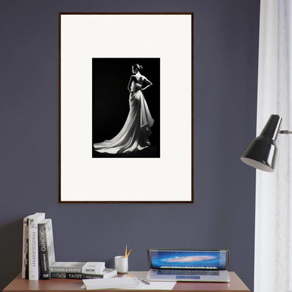 Elegant figure in a flowing evening gown showcasing ephemeral grayscale elegance