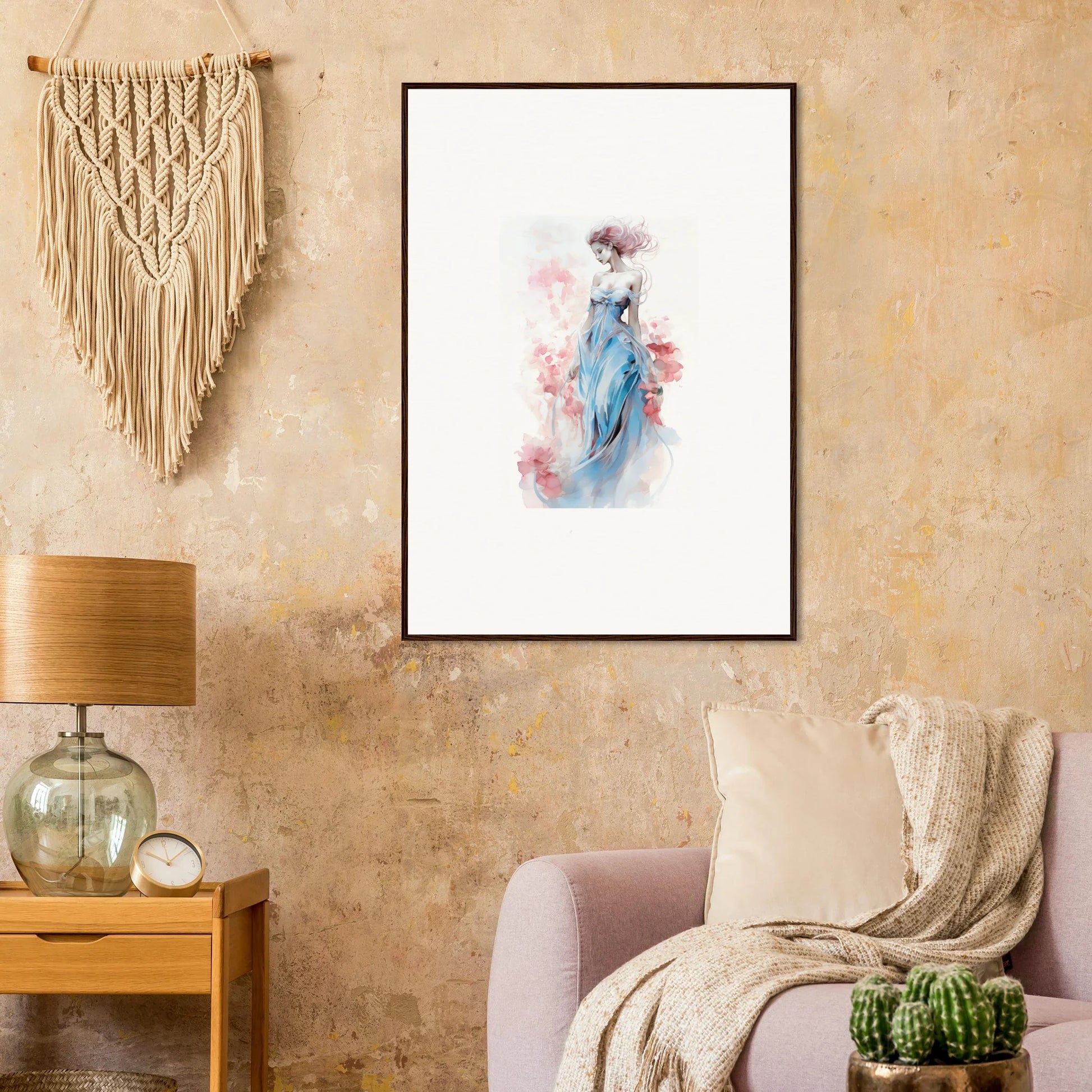 Framed watercolor wall art of a figure in a blue dress with pink flowers for room decoration