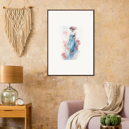 Framed watercolor wall art of a figure in a blue dress with pink flowers for room decoration