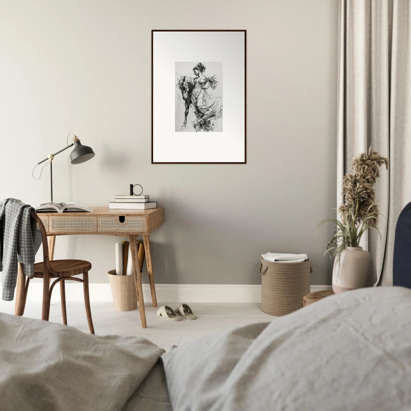 Minimalist bedroom workspace featuring a wooden desk and vintage chair inspired by Thoughts Unbridled Dance