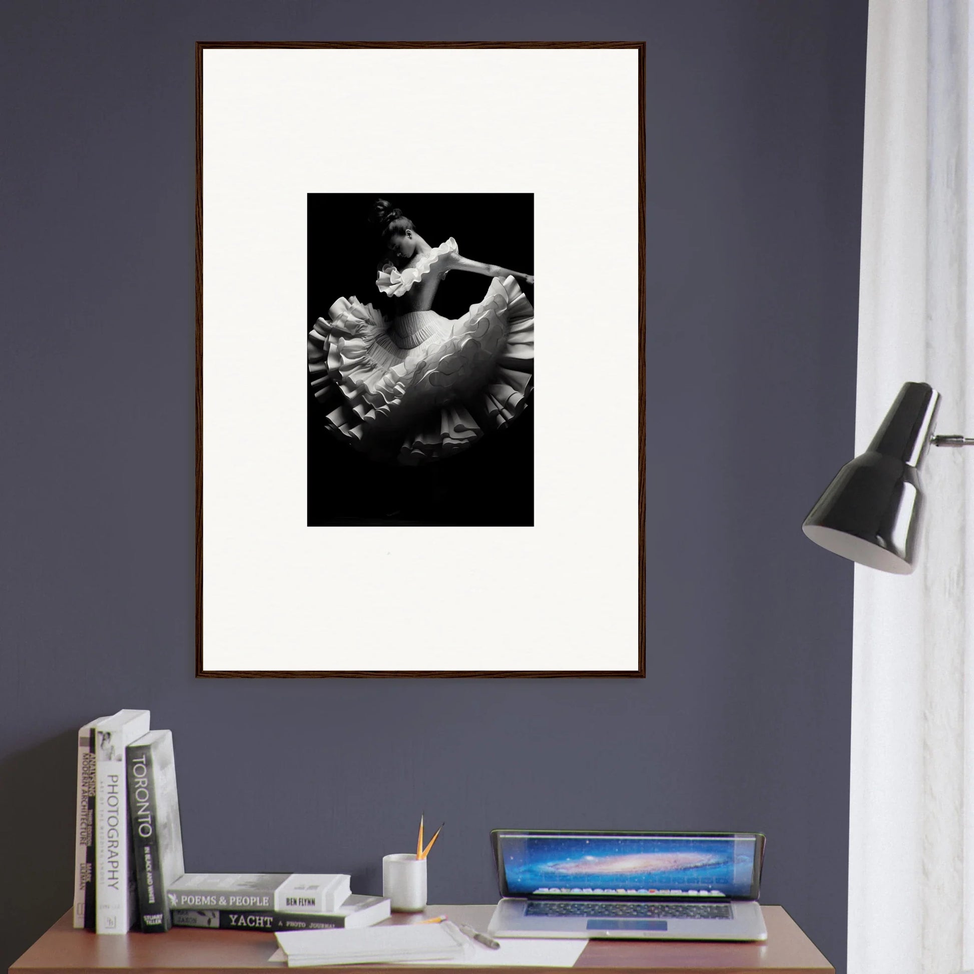 Black and white photo of a Swirled Dream Dancer in a flowing tutu for premium framed wall art