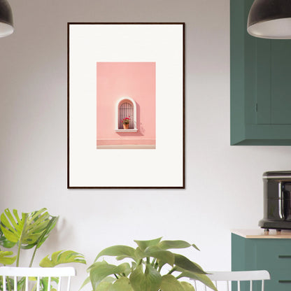 Framed art print of a pink arched window with a bird in Sunset Silhouette Romance