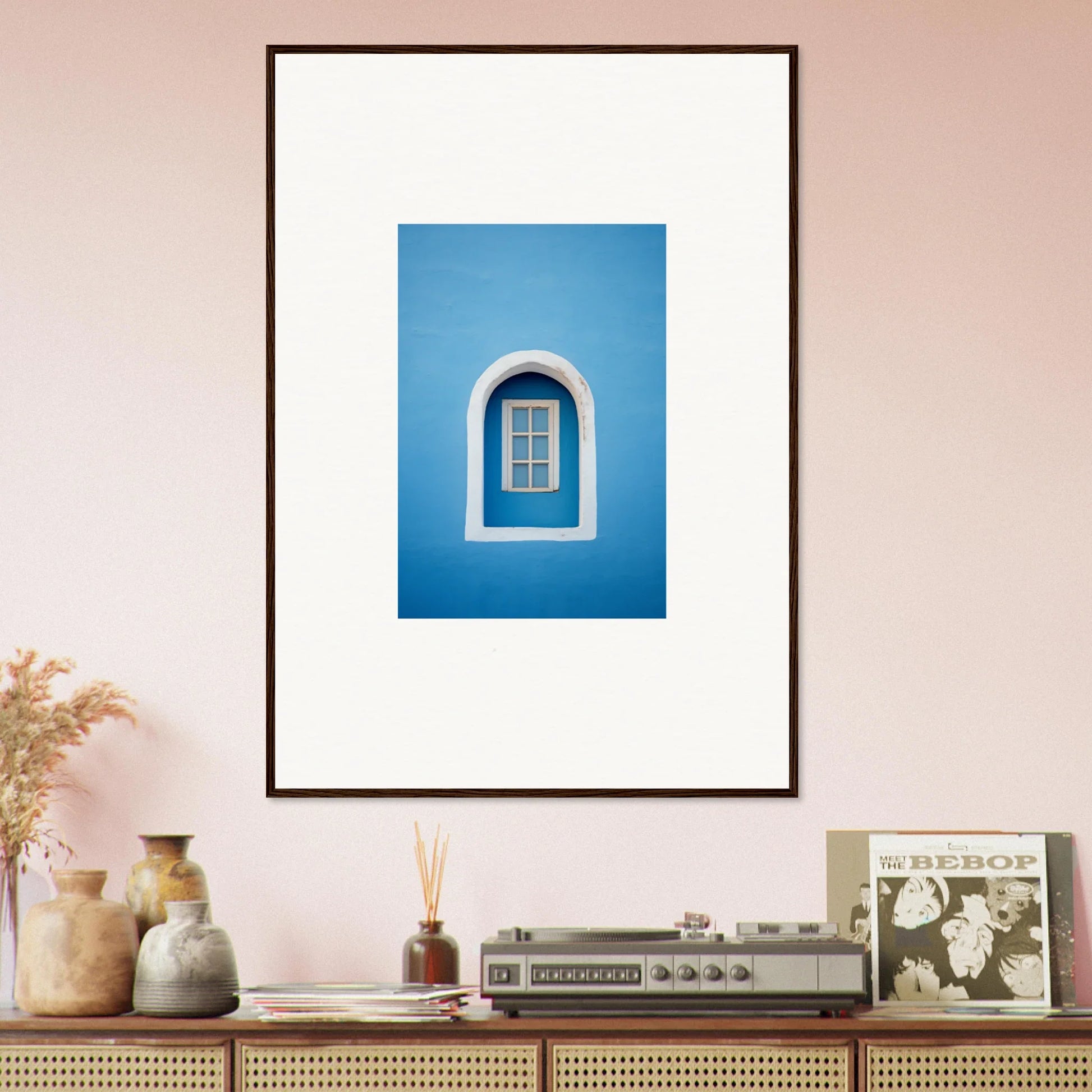 Framed Whispers Sky Mosaic art print of an arched window with white trim on blue wall