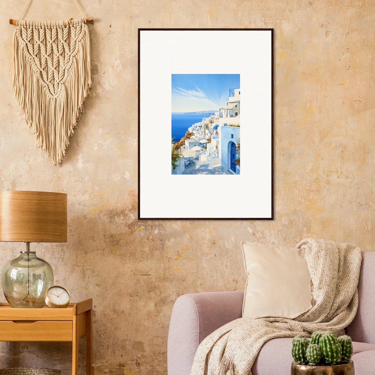 Framed photograph of Santorini’s white buildings and blue sea for Mediterranean Serenity Remastered