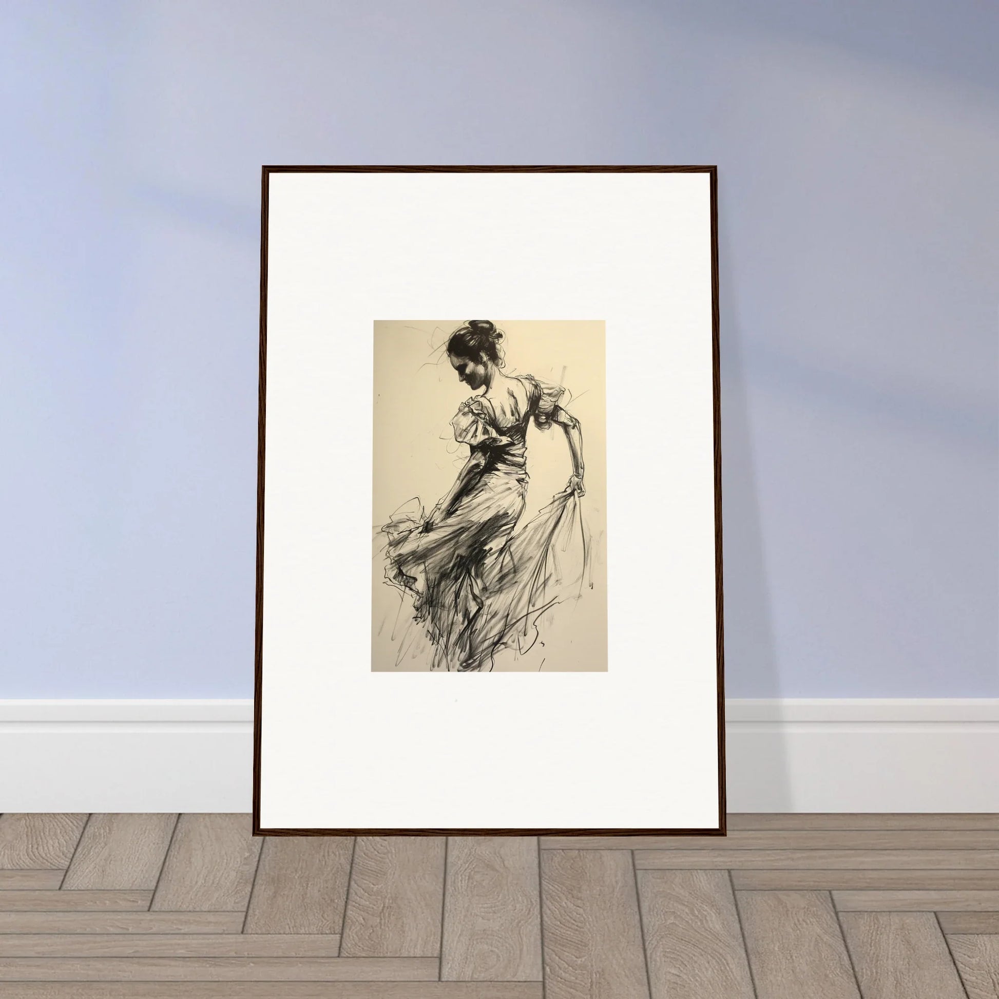 Framed black and white sketch of a dynamic figure in Gyroscopic Baudelo Bacon art™