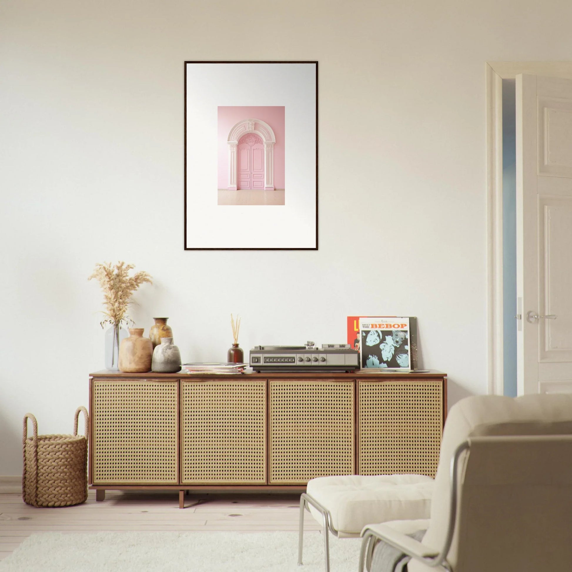 Rattan-fronted wooden credenza from Portal Fantasies Unfurled collection