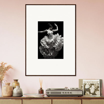 Framed black and white photo of a dancer in flowing dress for Tangled Luminous Laces