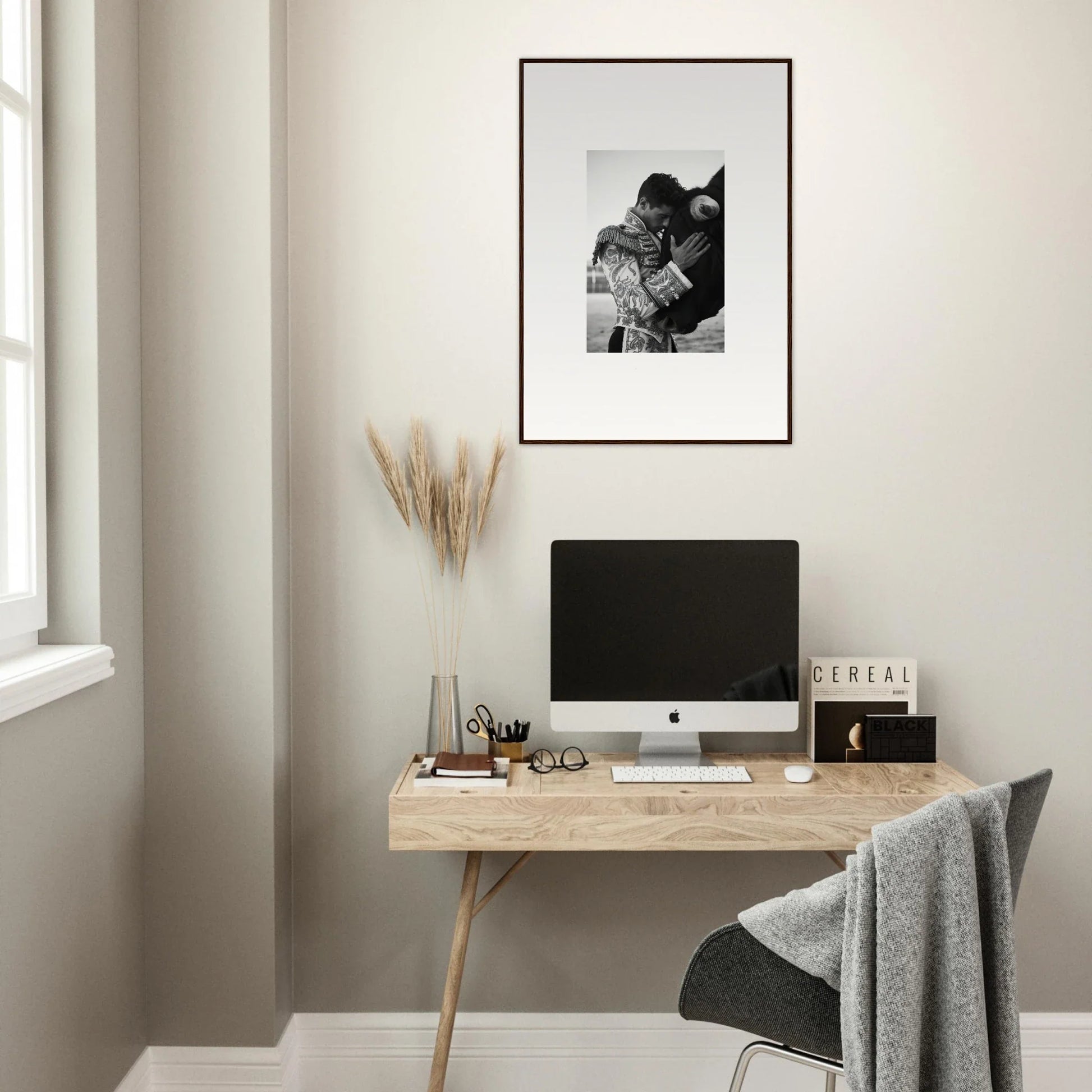 Minimalist wooden desk with iMac and accessories from Triumphant Shadows Embrace art™