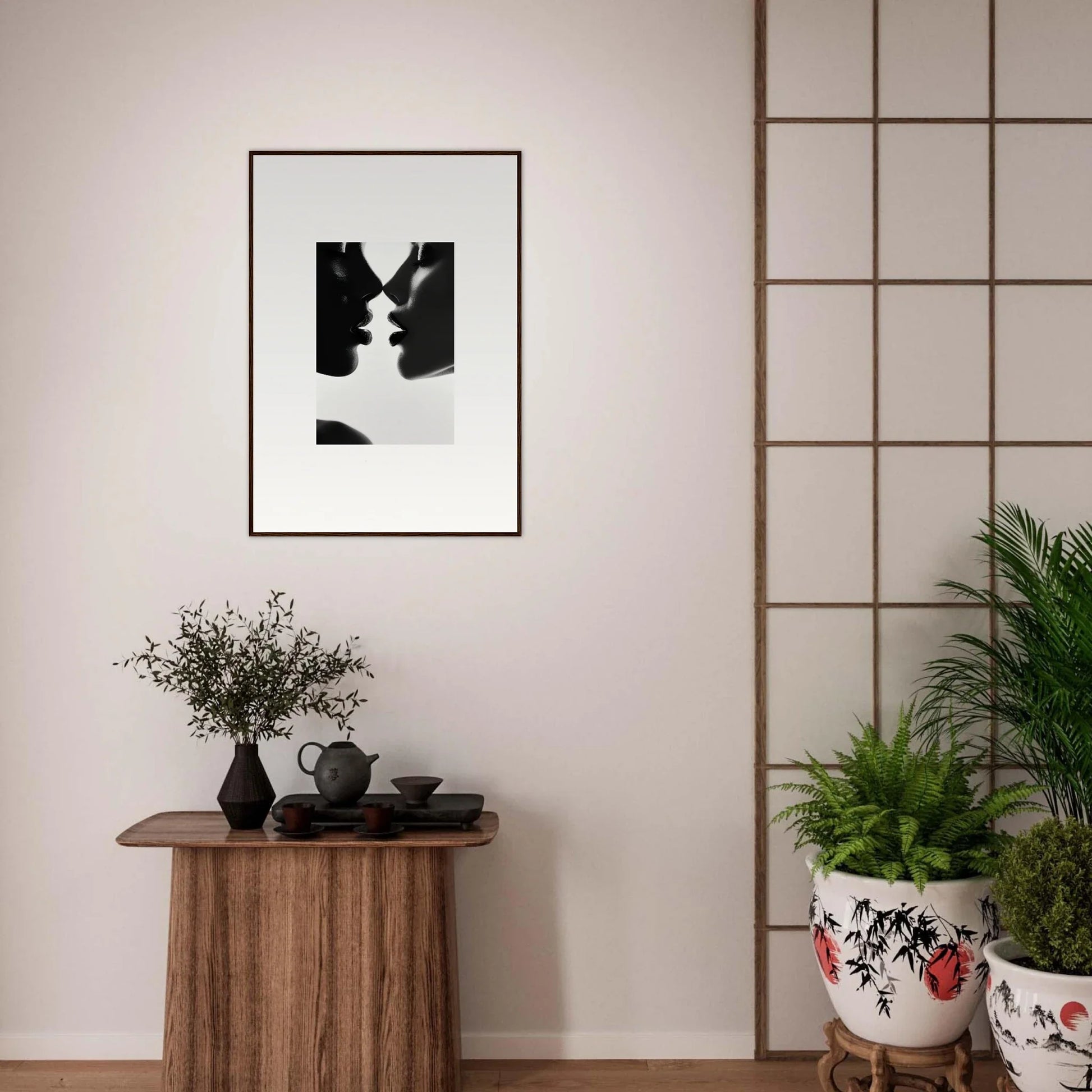 Black and white abstract art print in frame featuring vase-like silhouette, Ephemeral Echoes Touch