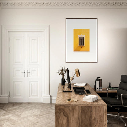 Minimalist wooden desk with natural grain in Window’s Giallo Reverie special edition art™