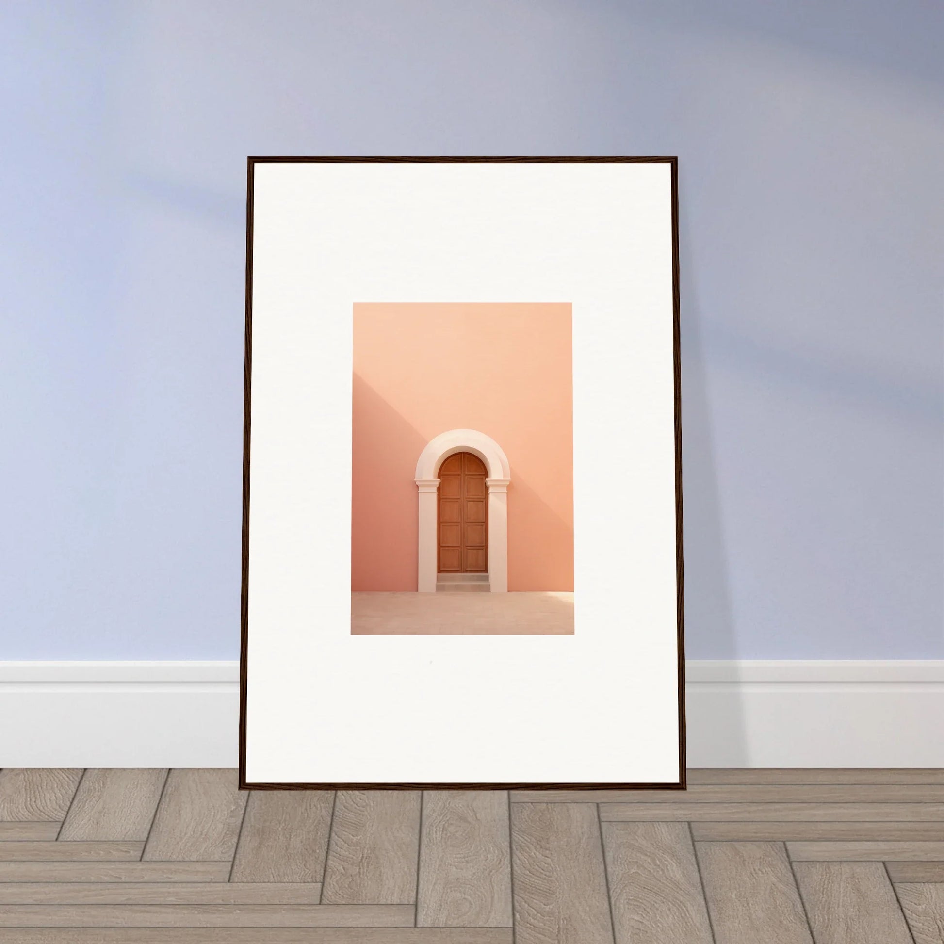 Framed art print of minimalist pink archway and wooden door for Silent Coral Dreams