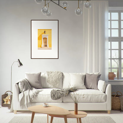 Cozy White Upholstered Sofa with Gray and White Pillows in Golden Hue Portal Decor