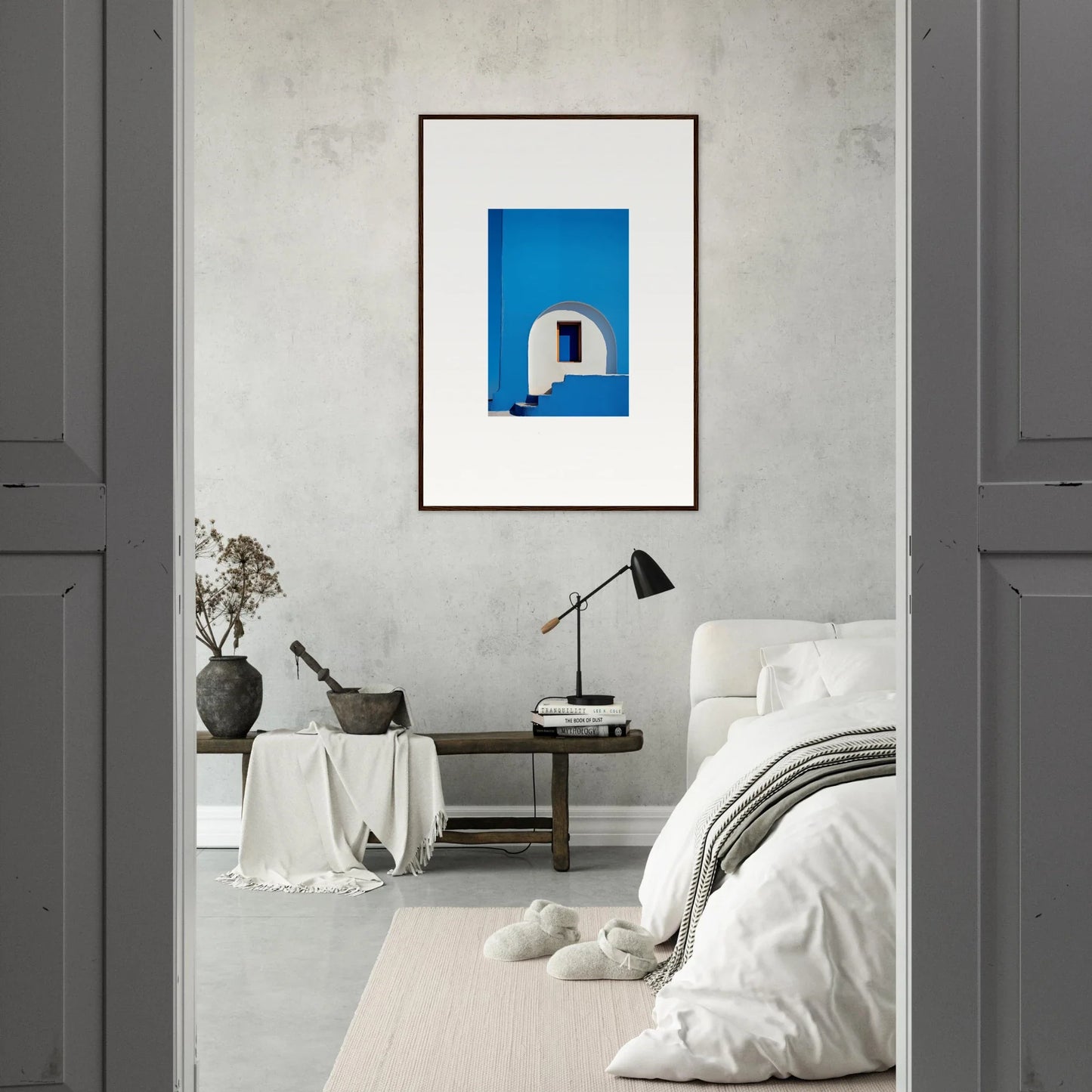 Framed wall art of a minimalist archway in blue and white for Doorway of Dreams