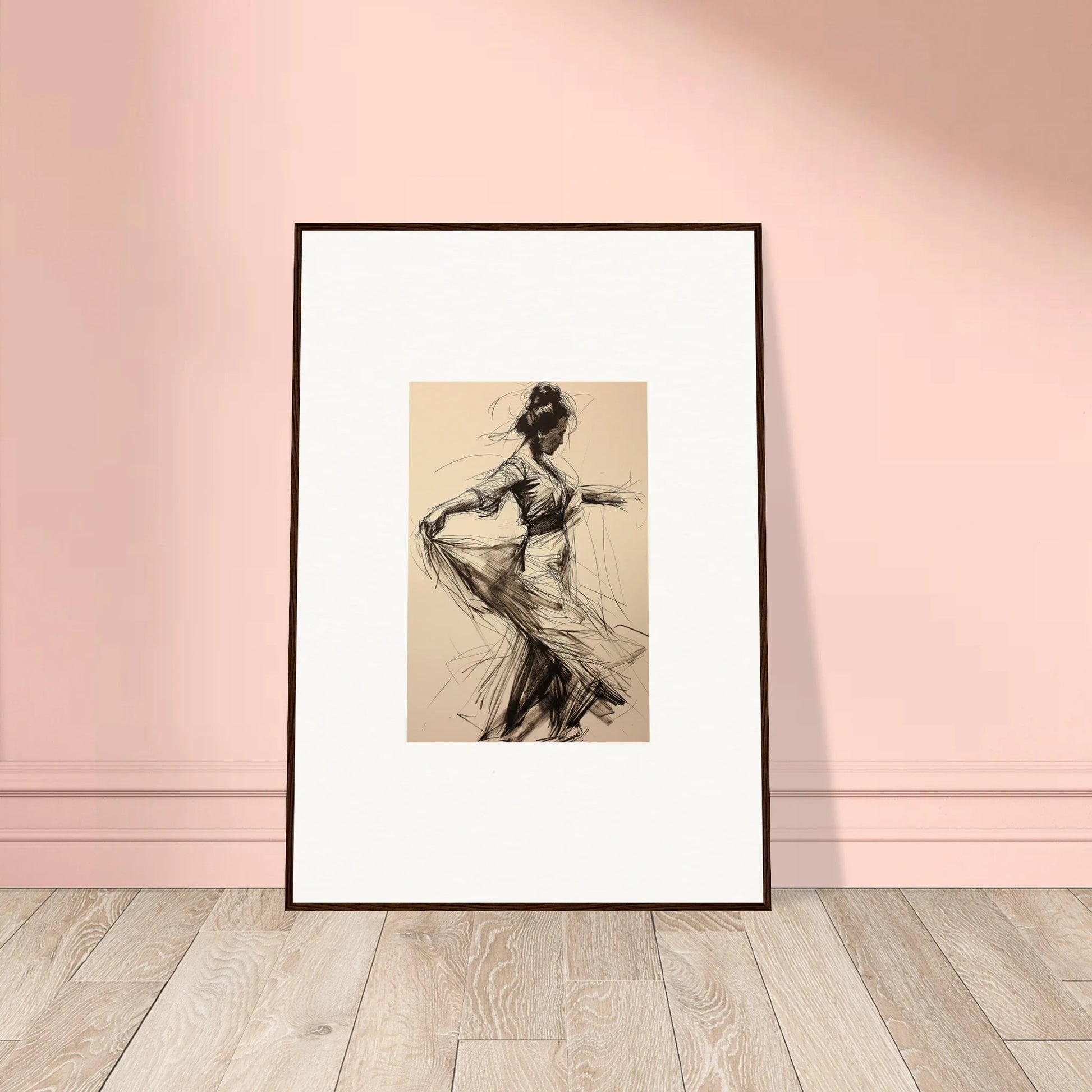 Framed charcoal sketch of a dancer in motion from the Ephemeral Whirling Arcade collection