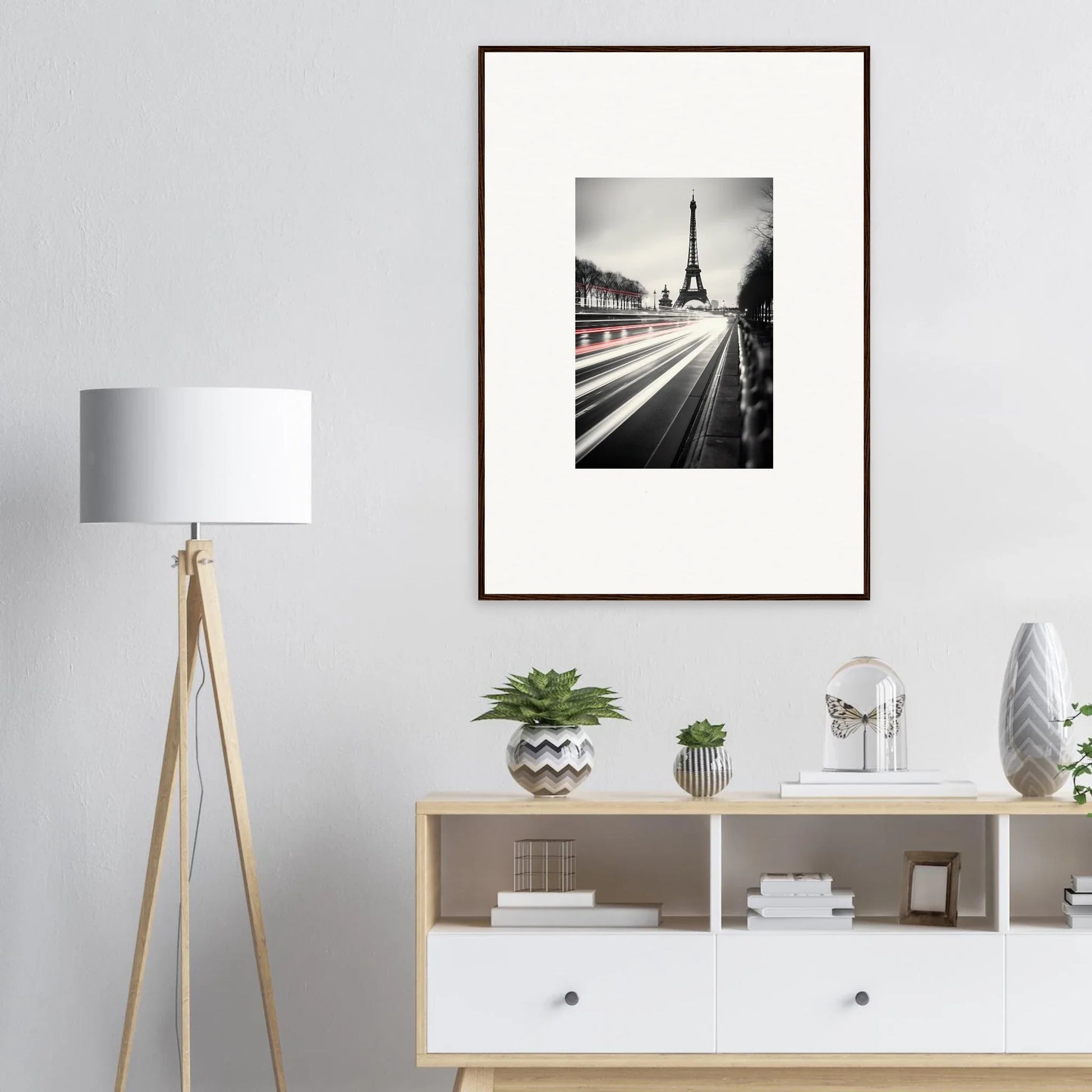 Black and white Eiffel Tower photo with light trails, part of Eternal Windsweep Halo